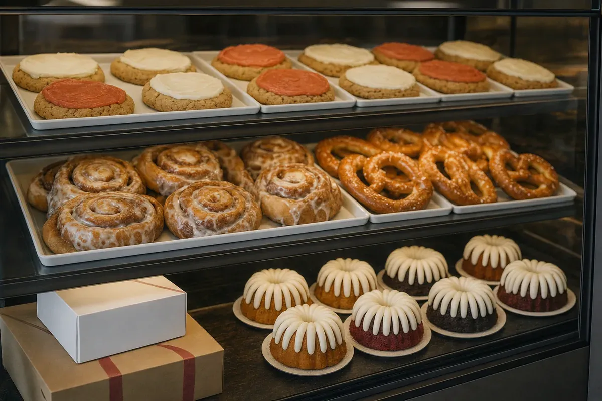 Cookies, cinnamon rolls and small bundt cakes in a bakery franchise display case