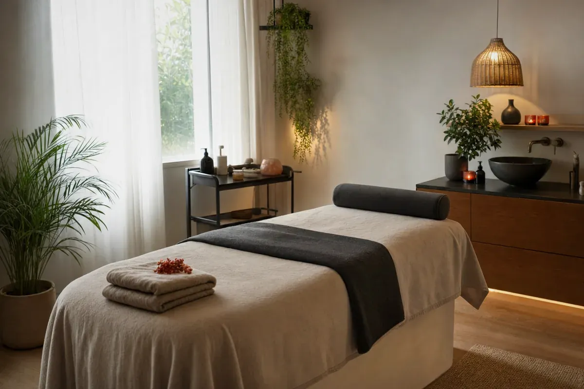 A massage table with folded towels in a spa franchise treatment room