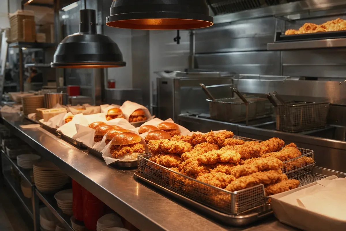 Baskets of chicken tenders under heat lamps on a chicken franchise kitchen line