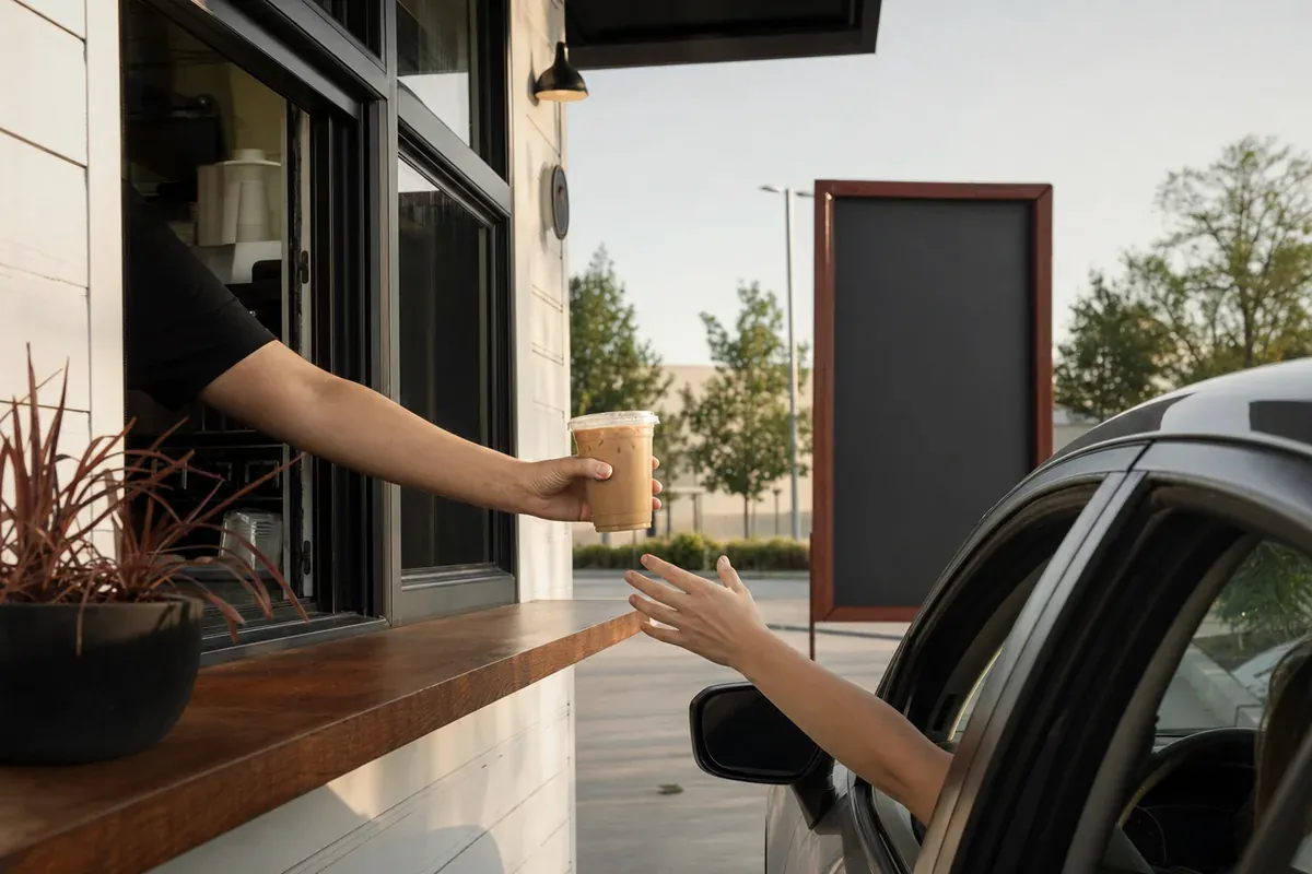A barista hands an iced coffee through a drive-thru window