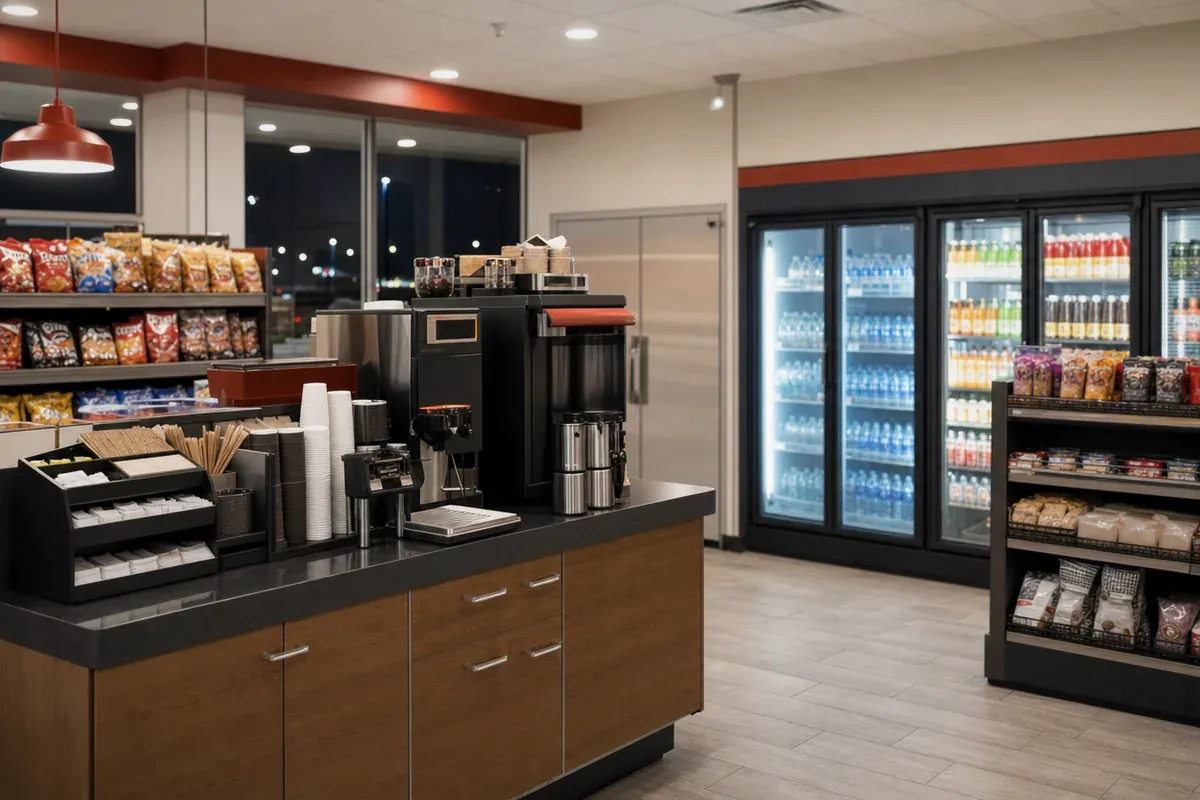Coffee station and snack shelves inside a convenience store at night