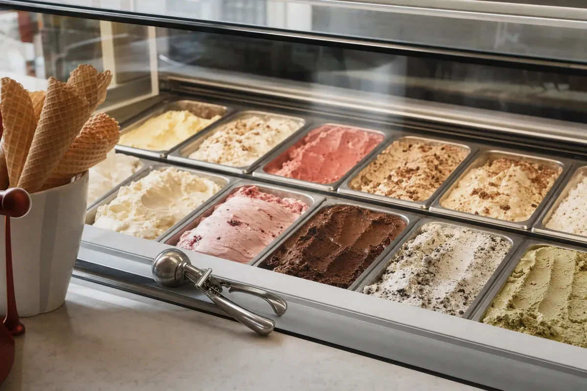 Tubs of ice cream and waffle cones in an ice cream shop dipping cabinet