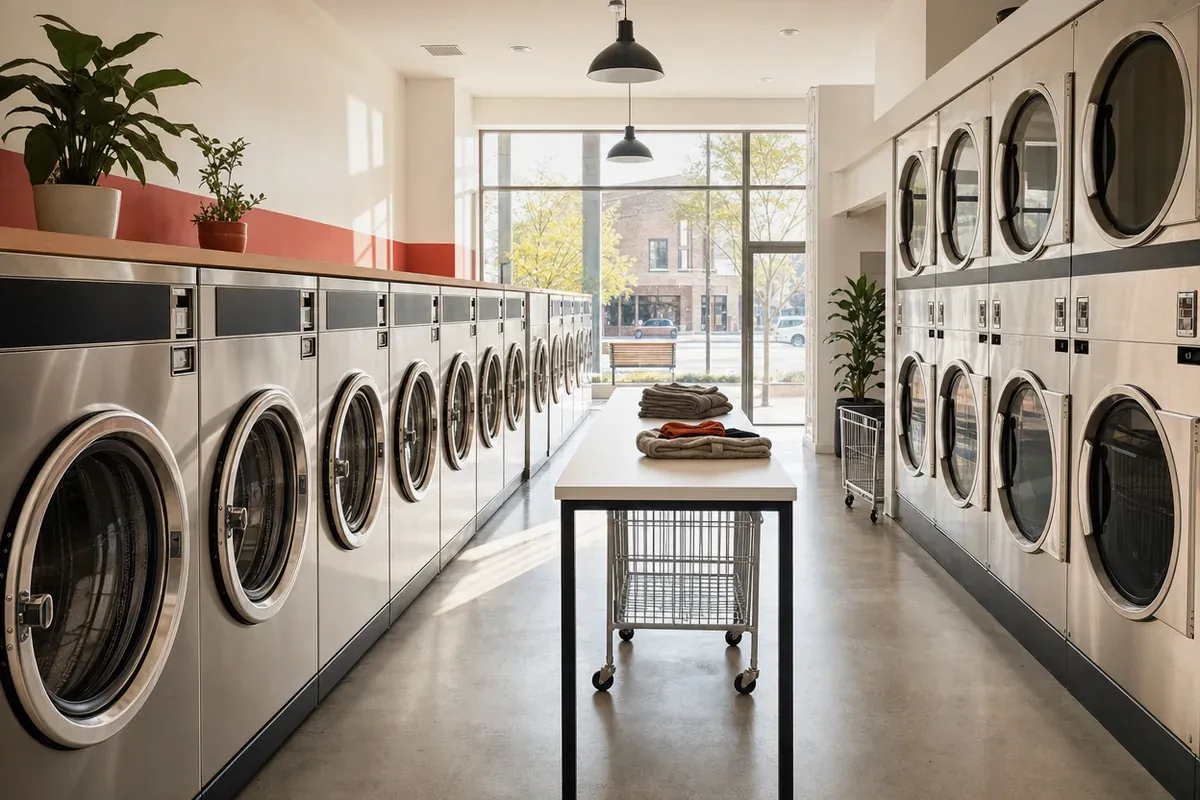 Rows of commercial washers and stacked dryers in a bright self-service laundromat