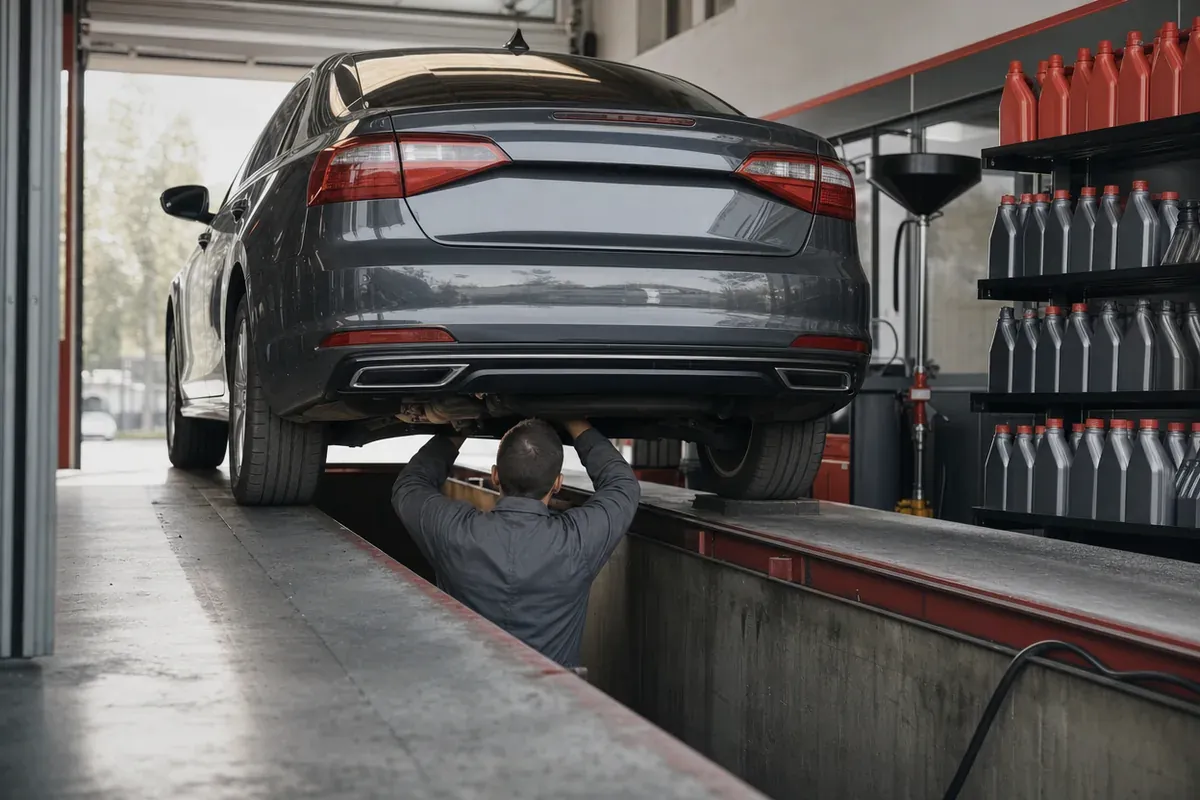 A car over the pit in a drive-through oil change bay
