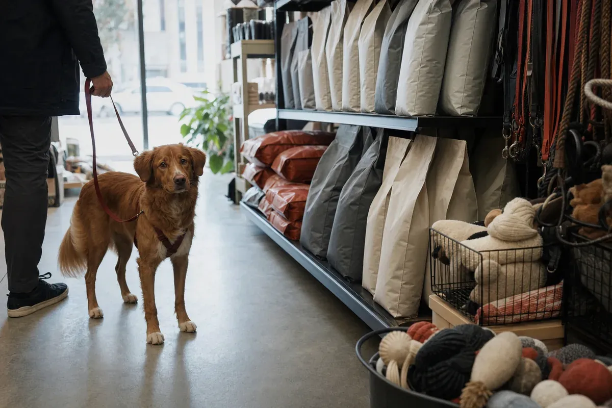 A dog on a lead in a pet supply store aisle
