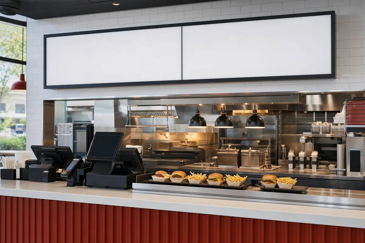Trays of burgers and fries on a quick-service restaurant counter