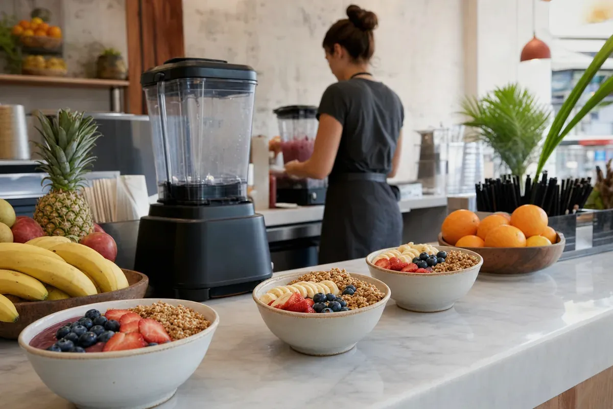 Blenders, fruit and acai bowls on a smoothie franchise bar
